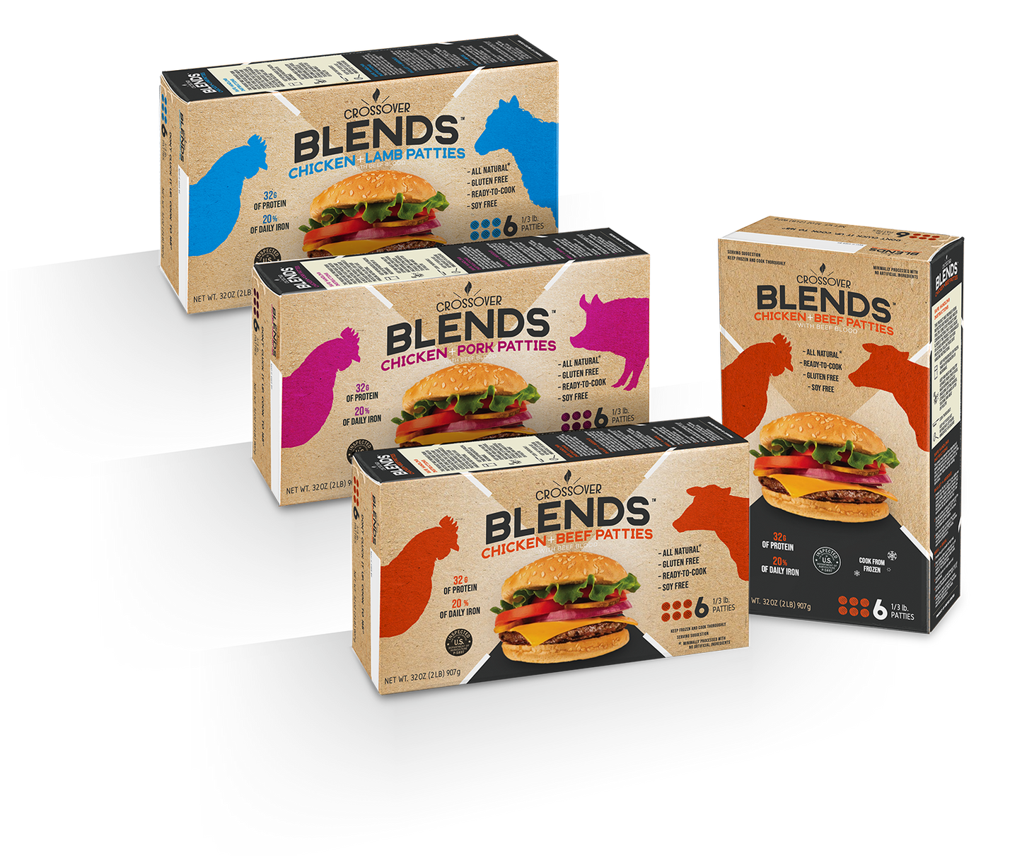 Retail Crossover Meats Variety Mini Pack - 1 boxes (6 x 1/3lb burgers) of each flavor. (6lbs) with free shipping