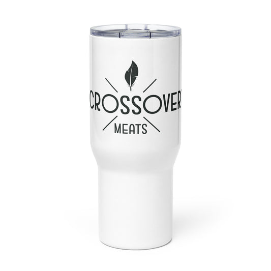 Crossover Meats travel mug with a handle